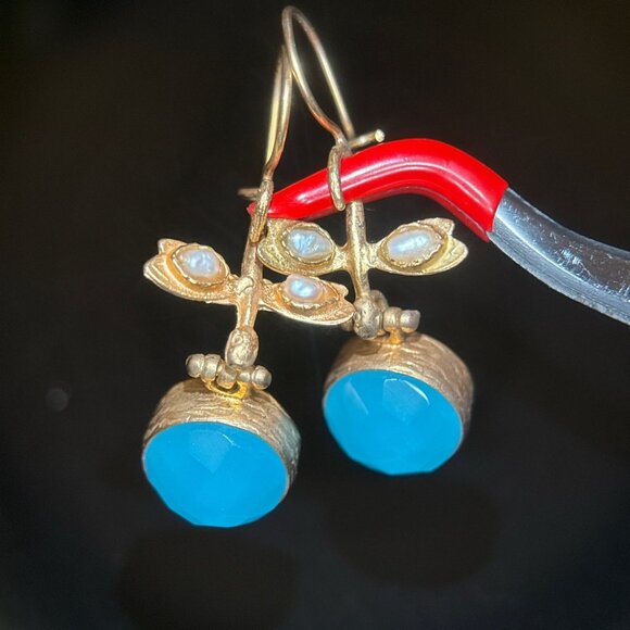 Turkey Gold Blue Stone with Pearls Earrings - Picture 2 of 6